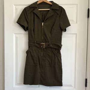 Olive Green Short Sleeve Corduroy Belted Dress